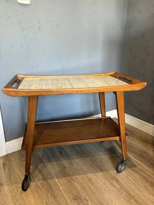 Mid-Century "Opal" Bar Cart / Serving Trolley — Oak & Rattan, 1960s