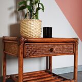 Rattan drawer table, bamboo and braided wicker