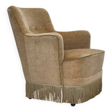 Fauteuil danois des années 1970, velours d'ameublement vert clair.