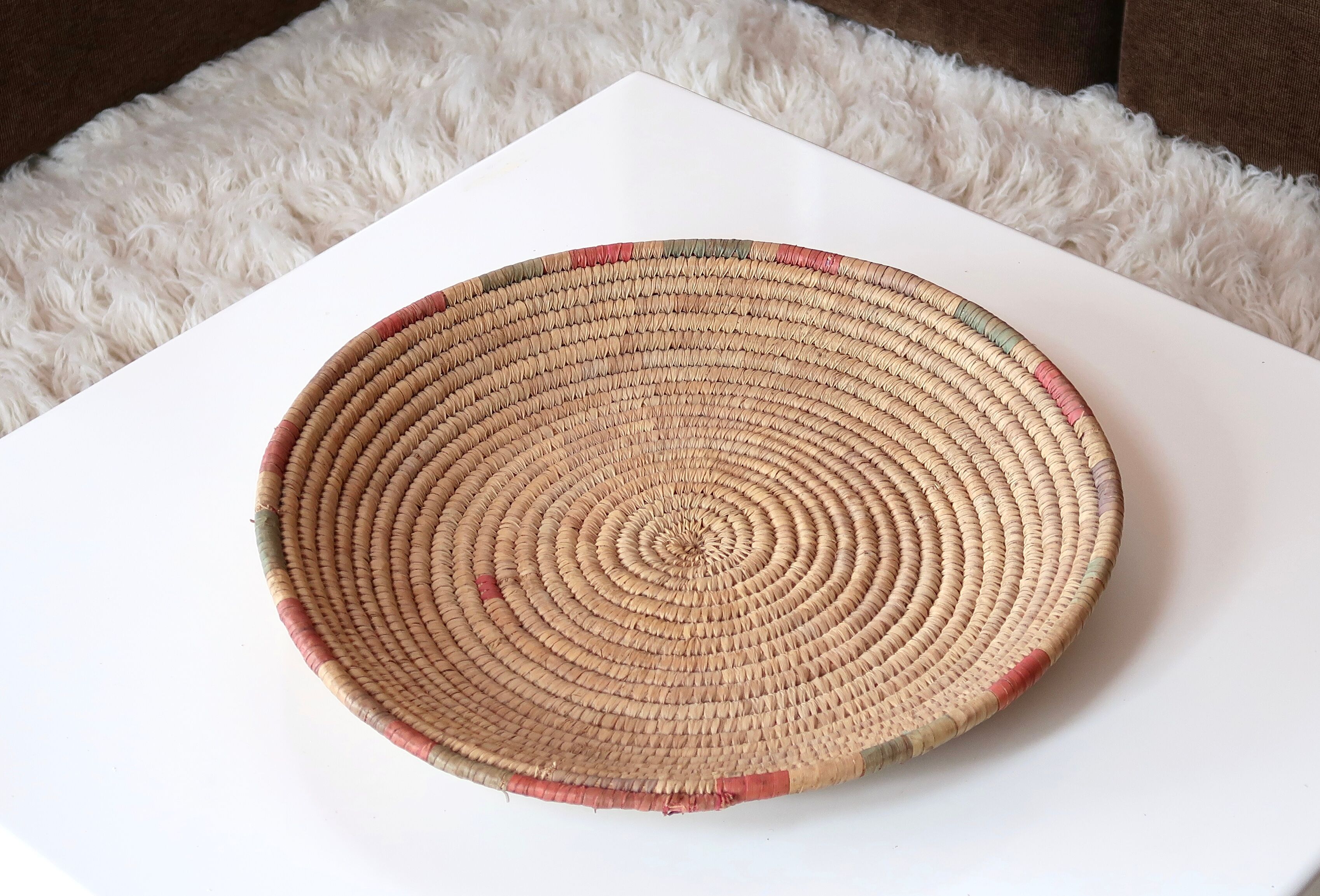 Braided round ethnic tray or wall decoration, 80s