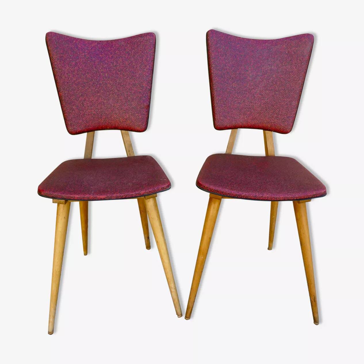 Pair of light wood chairs with Skai, around 1950.