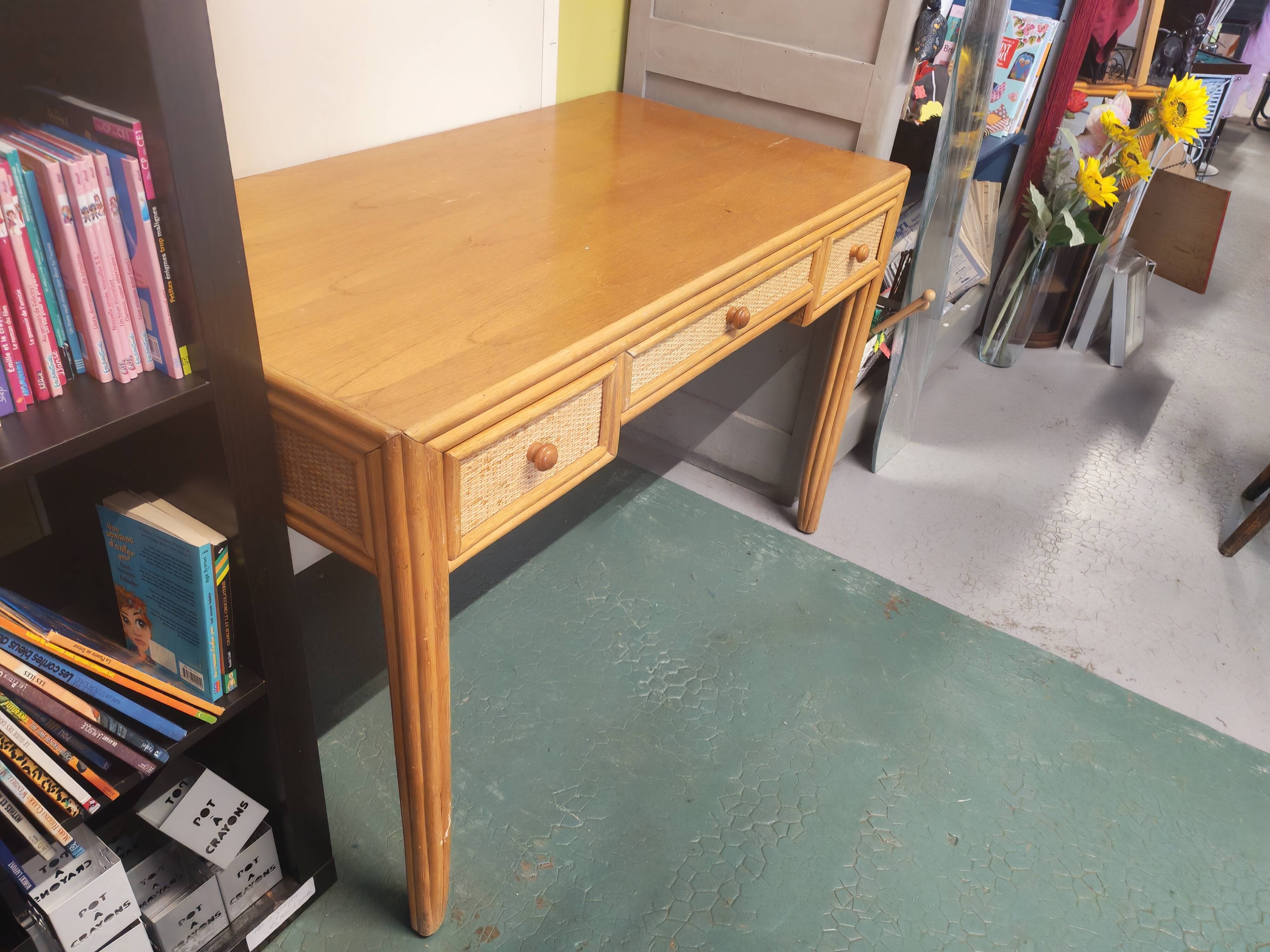 Rattan and varnished pine desk