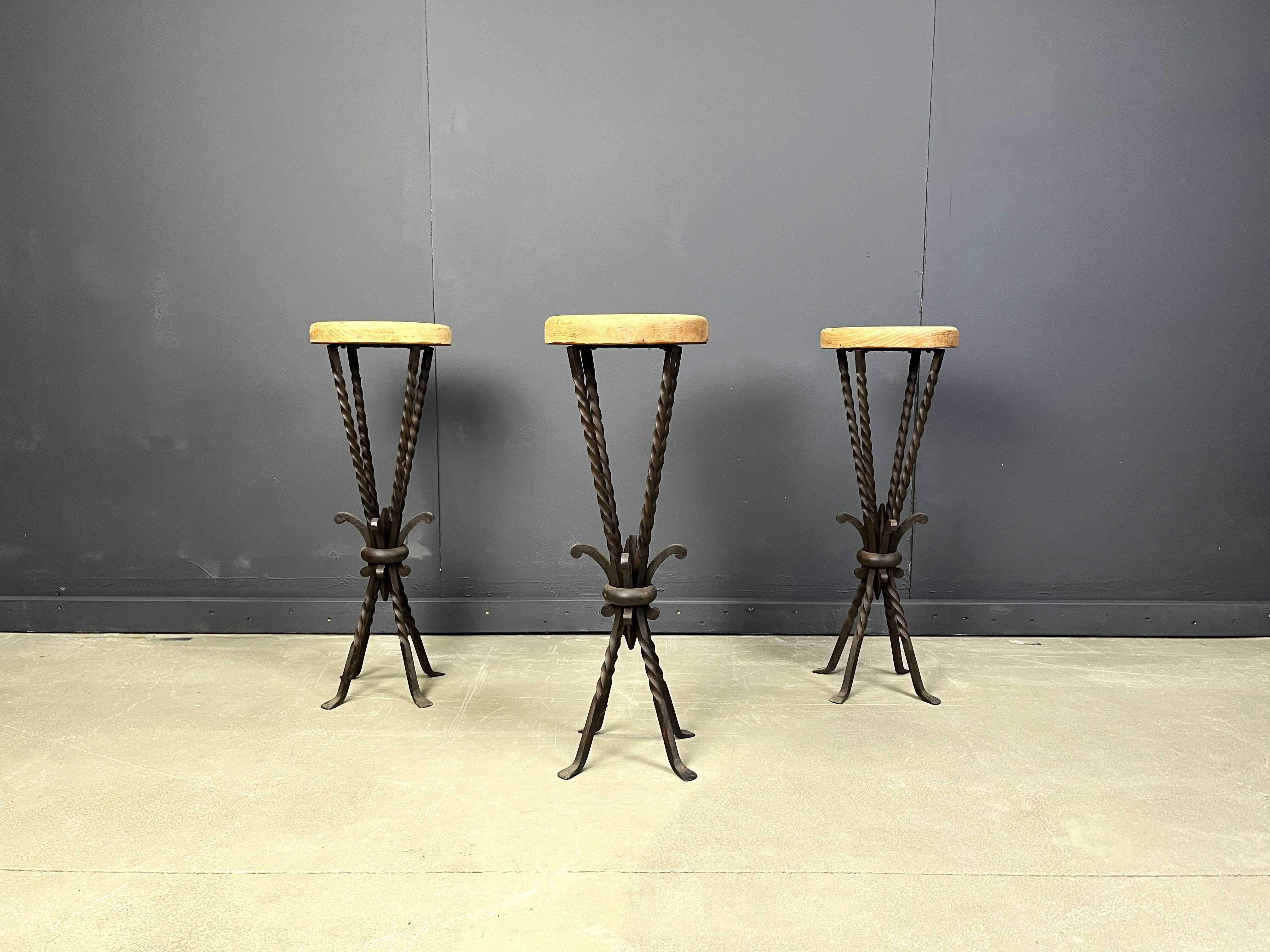 Vintage French wrought iron bar stools, 1960s - set of 3