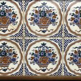 Art Deco, wooden tray and Gien earthenware tiles with basket decor circa 1940