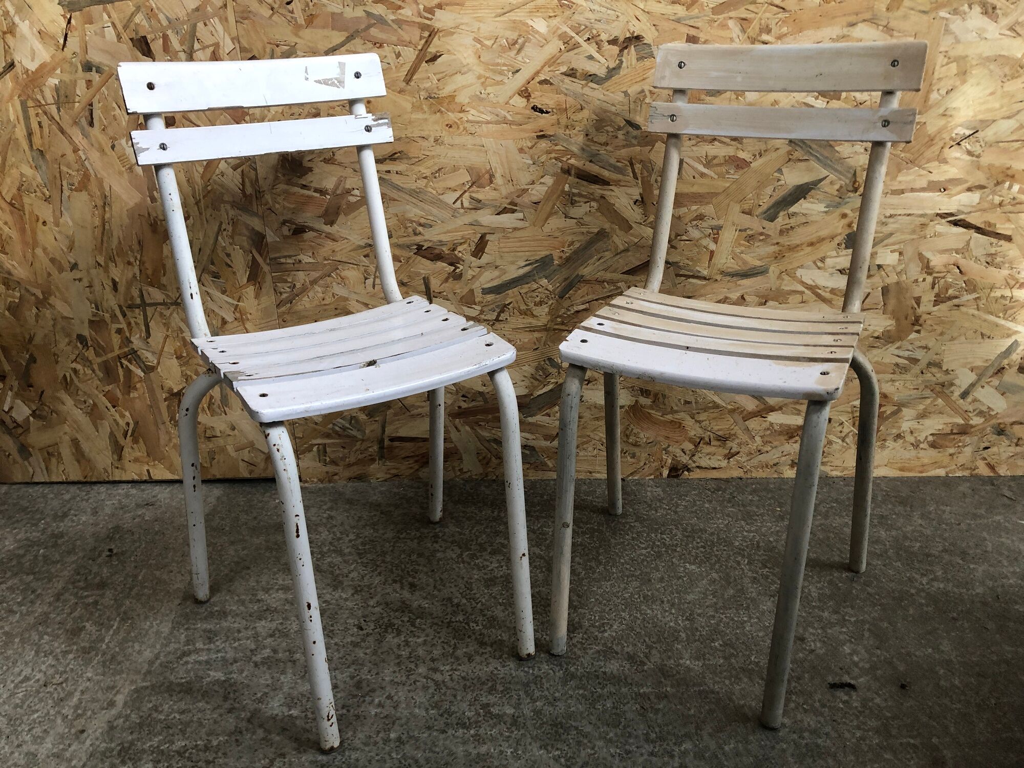 Pair Old Garden Chair Metal Structure + Vintage White Wood Slats
