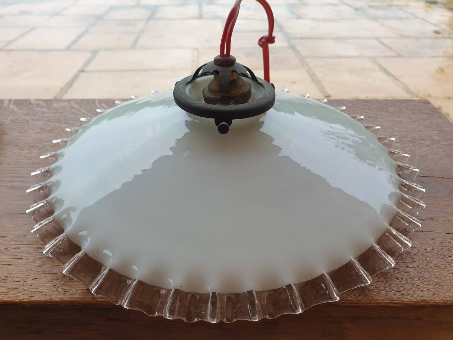 Pair of old opaline pendant lights