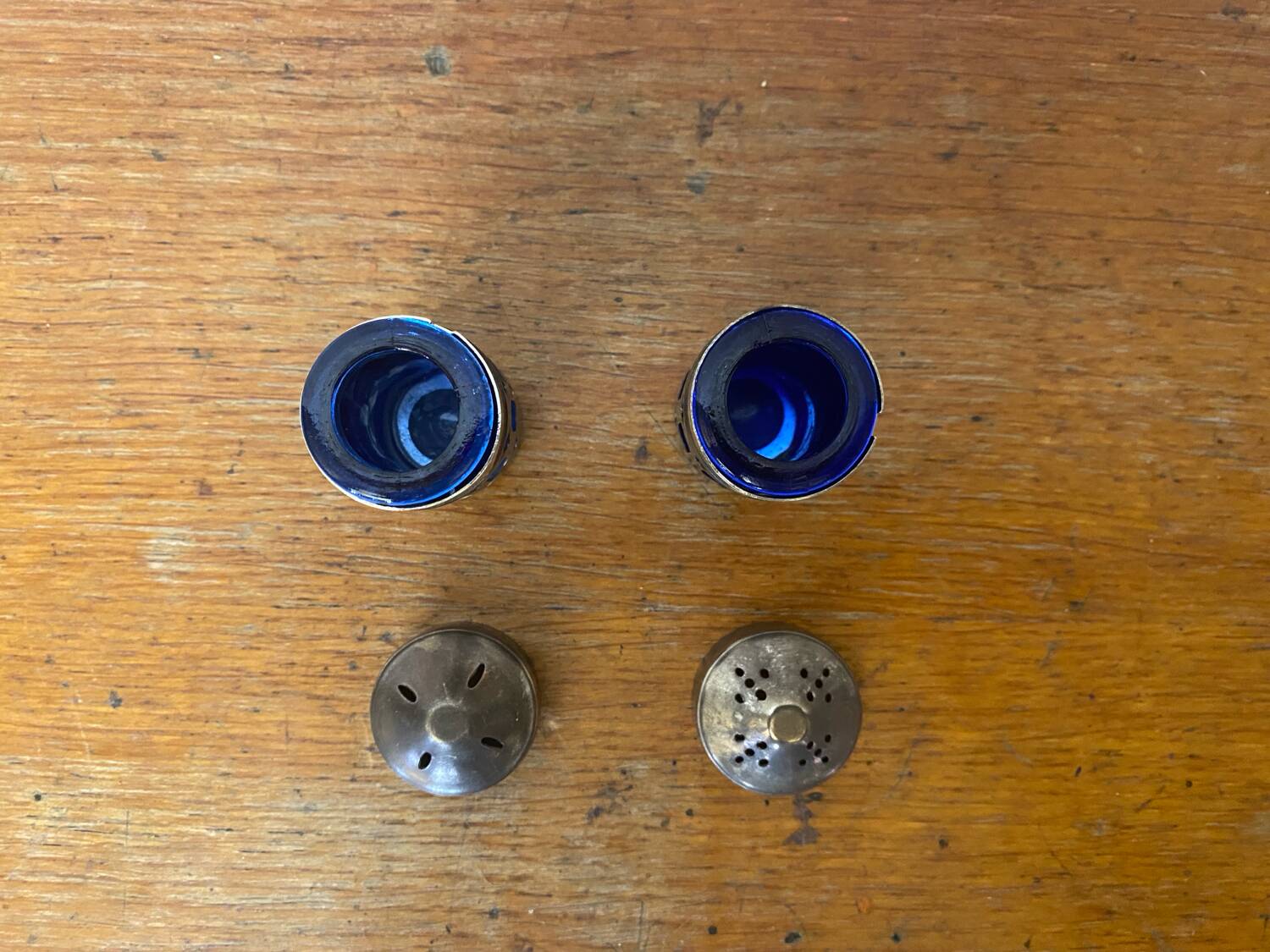 Pair of Antique Silver Metal Salt Cellars + Cobalt Blue Glass Salt and Pepper Shakers