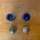 Pair of Antique Silver Metal Salt Cellars + Cobalt Blue Glass Salt and Pepper Shakers