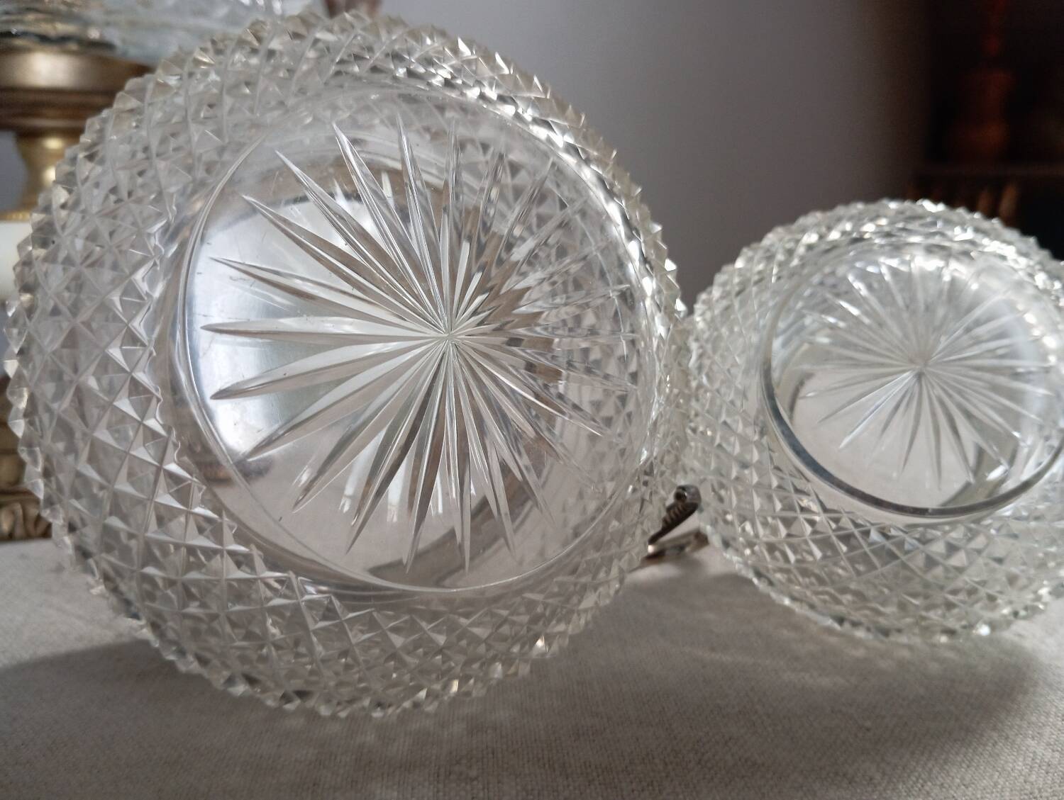 Creamer and jam maker in diamond-point crystal and silver rim, circa 1930