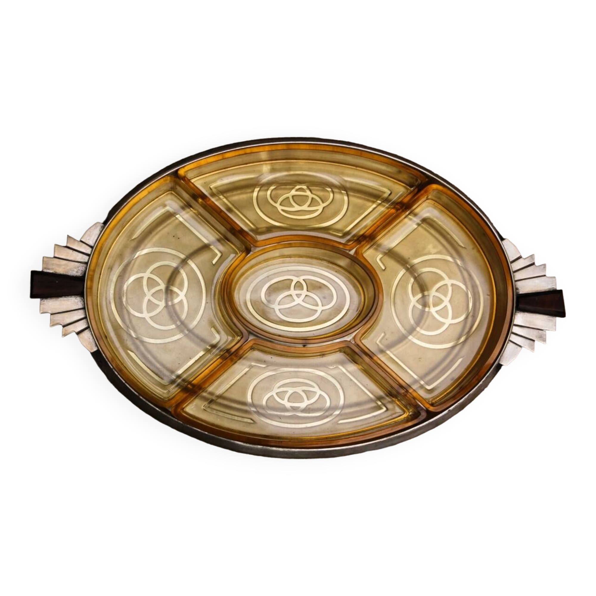 Art deco hors d'oeuvres server, silver metal, mahogany, glass