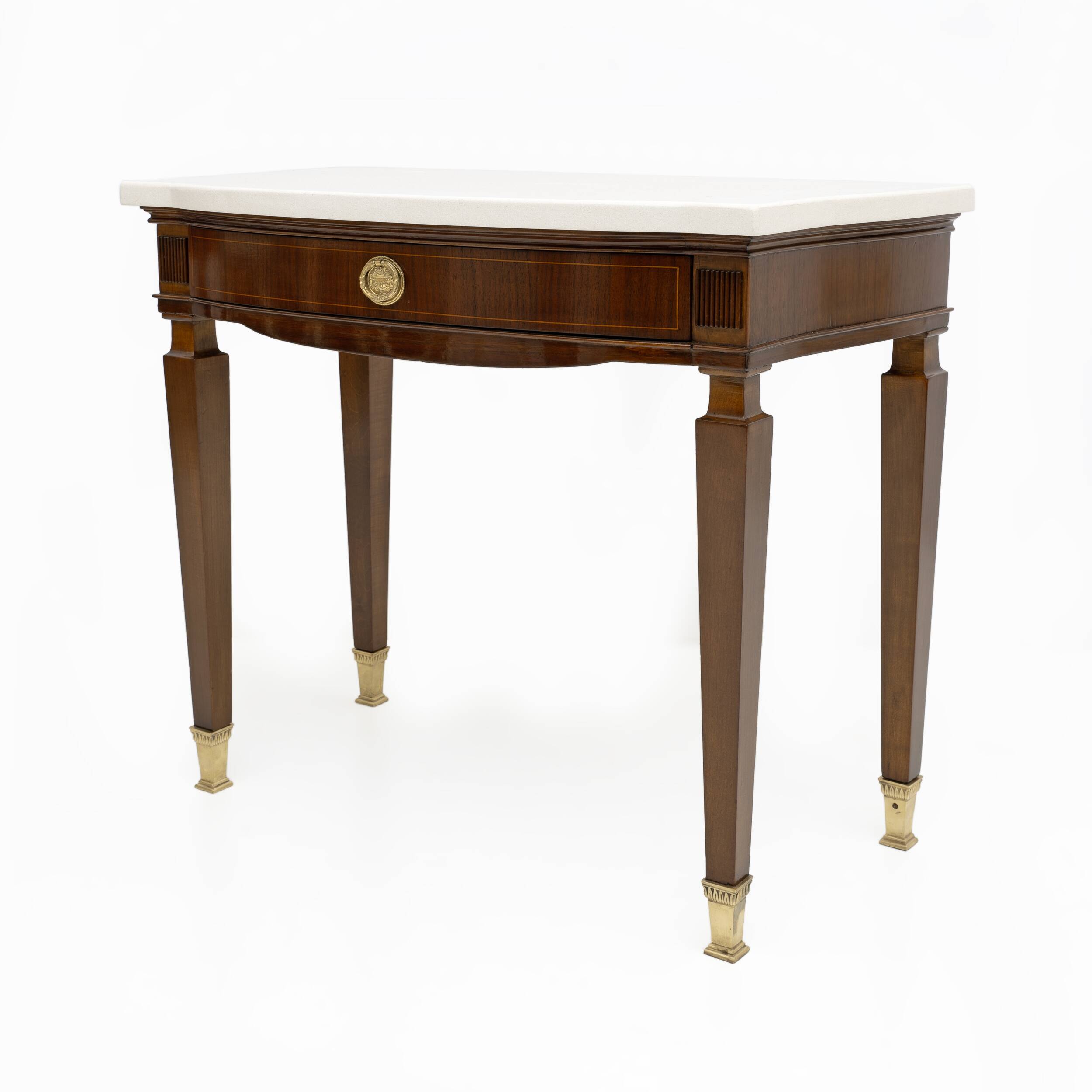 Pair of Neoclassical Style Marble and Mahogany Bedside Tables