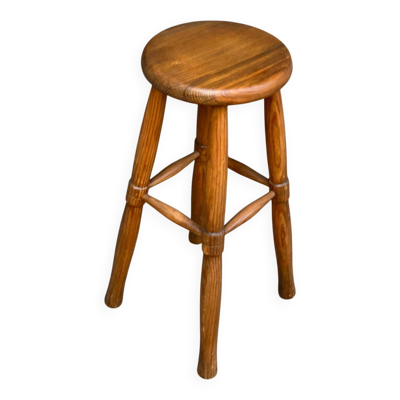 Tabouret haut de bar scandinave vintage en chêne 1960 de 65cm