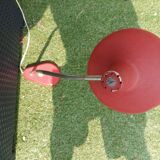 Red and silver swan neck table lamp