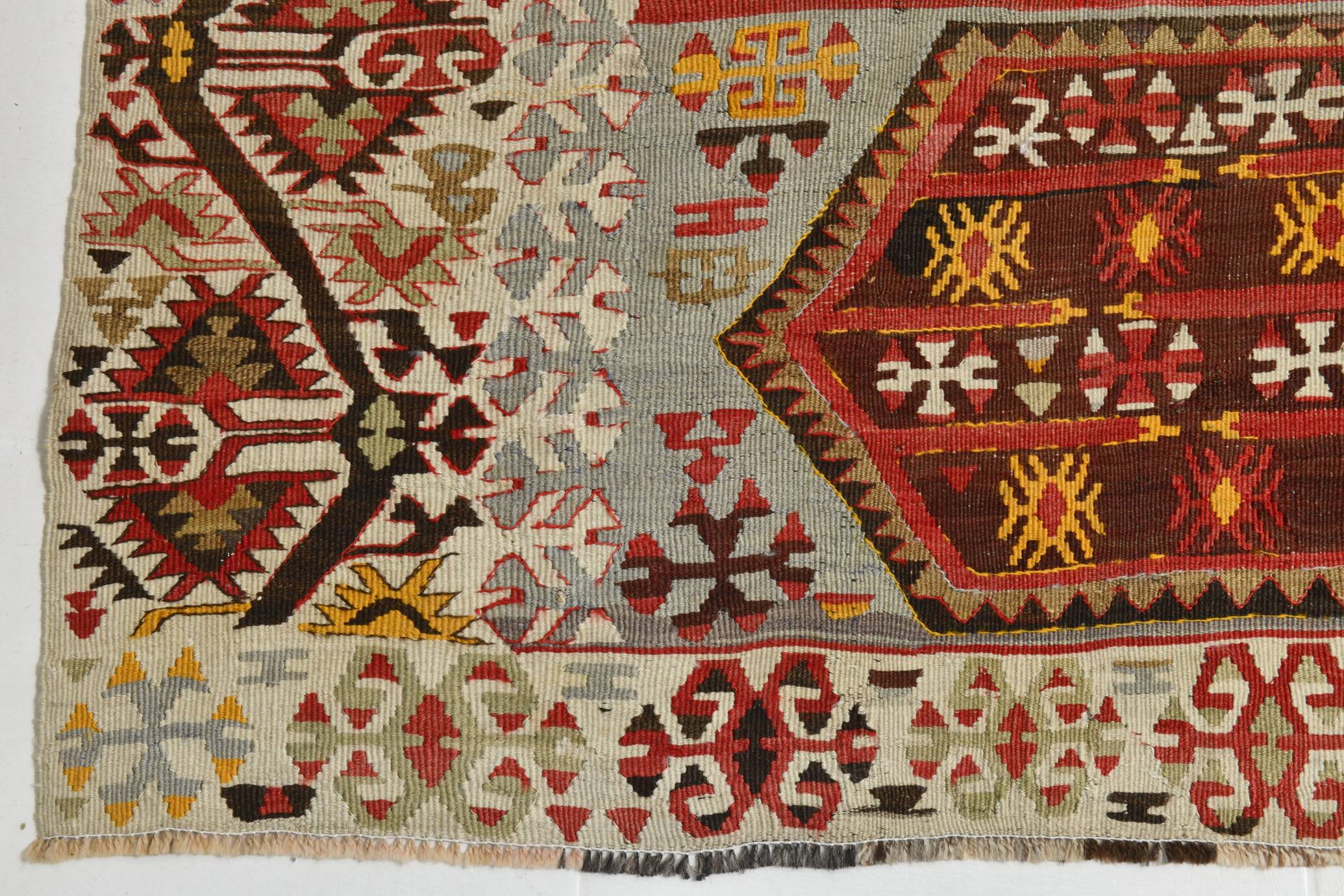 6x13 Beige & Red Wool Kilim Rug, 193x406Cm