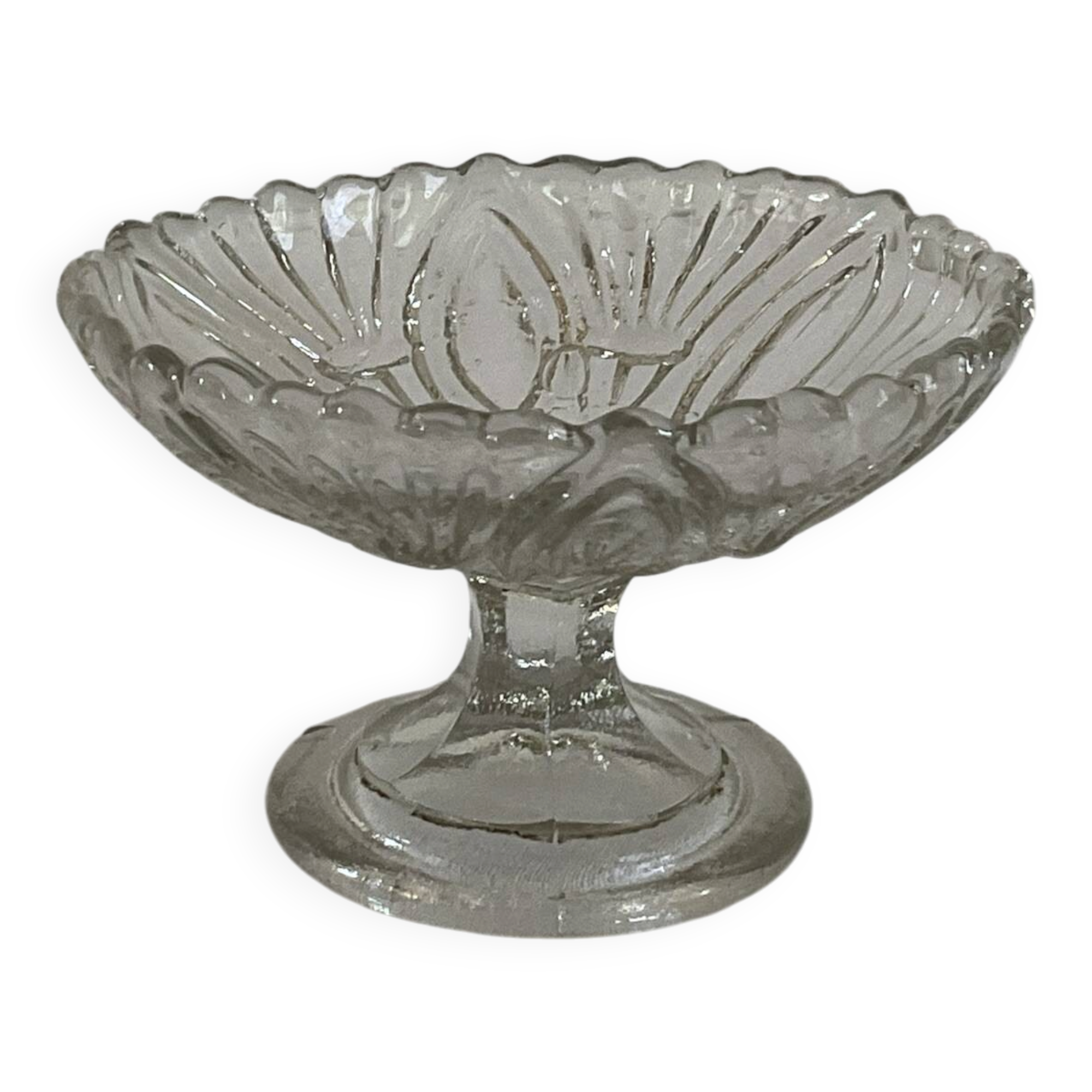 Small vintage footed bowl, made of clear moulded glass.