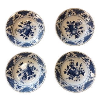 Lot de 4 anciennes assiettes creuses en porcelaine oxford   décor bleu - motifs: fruits et fleurs