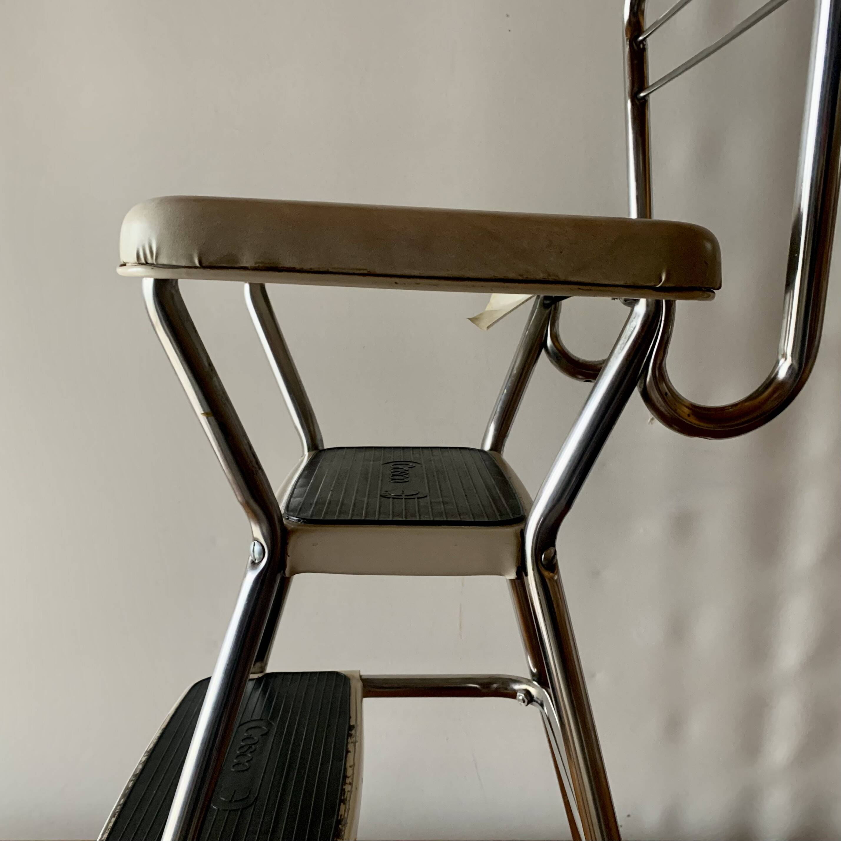 Vintage cosco step stool chair in chrome steel and white skai