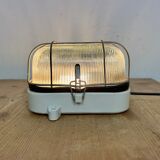 Industrial white porcelain cage wall light with ribbed glass, 1970s