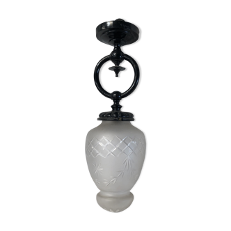 Art deco hanging lamp in cut glass and black metal