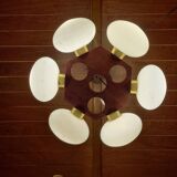 Scandinavian teak and white opaline chandelier with 6 lights from the 70s