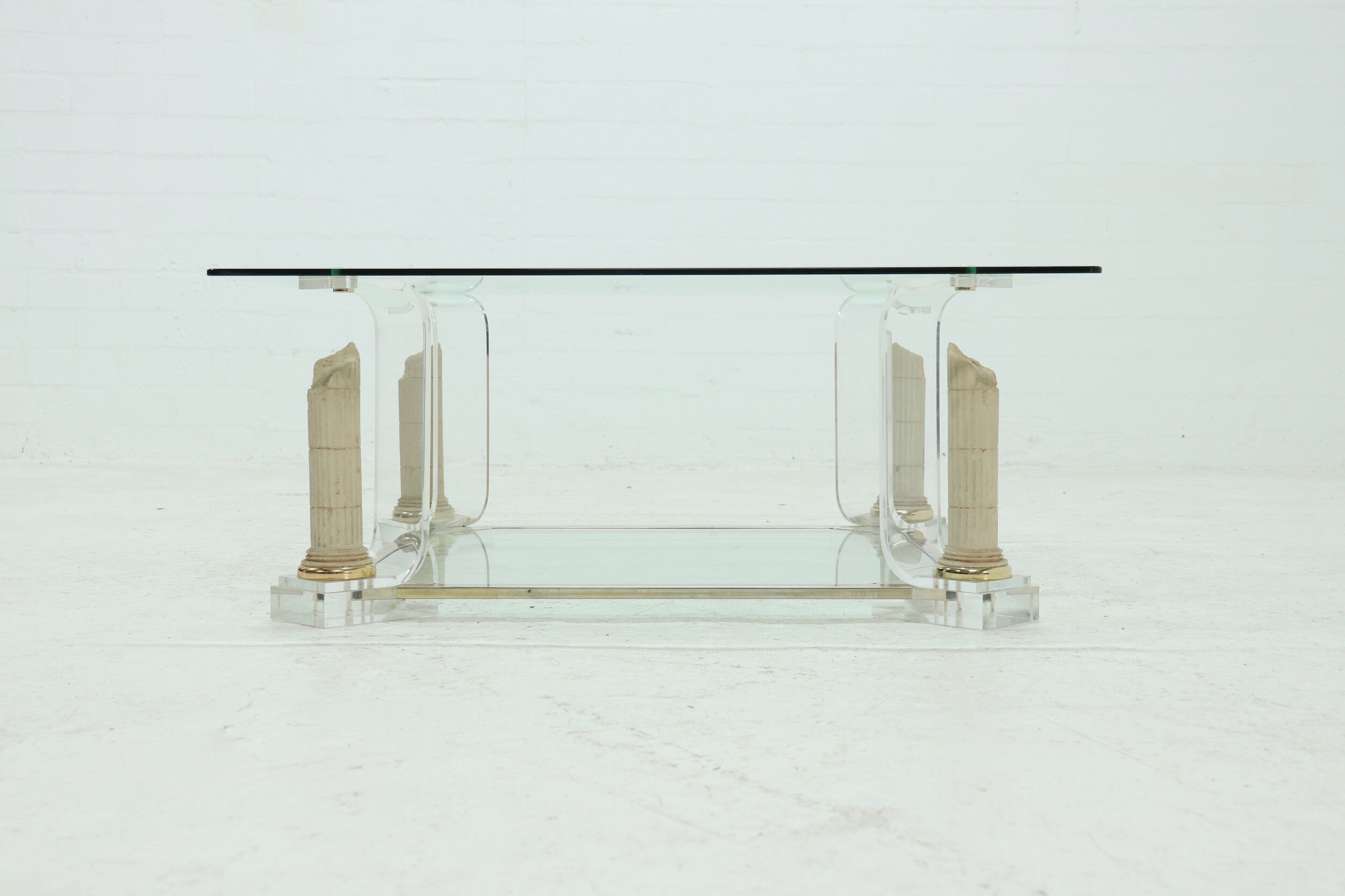 Two Tier Regency Lucite & Glass Pedestal Coffee table 1980s