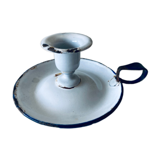 Antique candle holder in white and blue enamelled metal