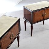 Set Of 2 Italian Midcentury Walnut Burl And Brass Bedside Tables / Cabinets