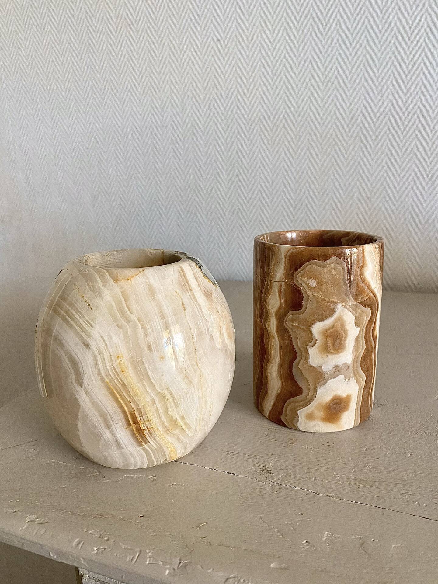 Pair of natural onyx candle holders