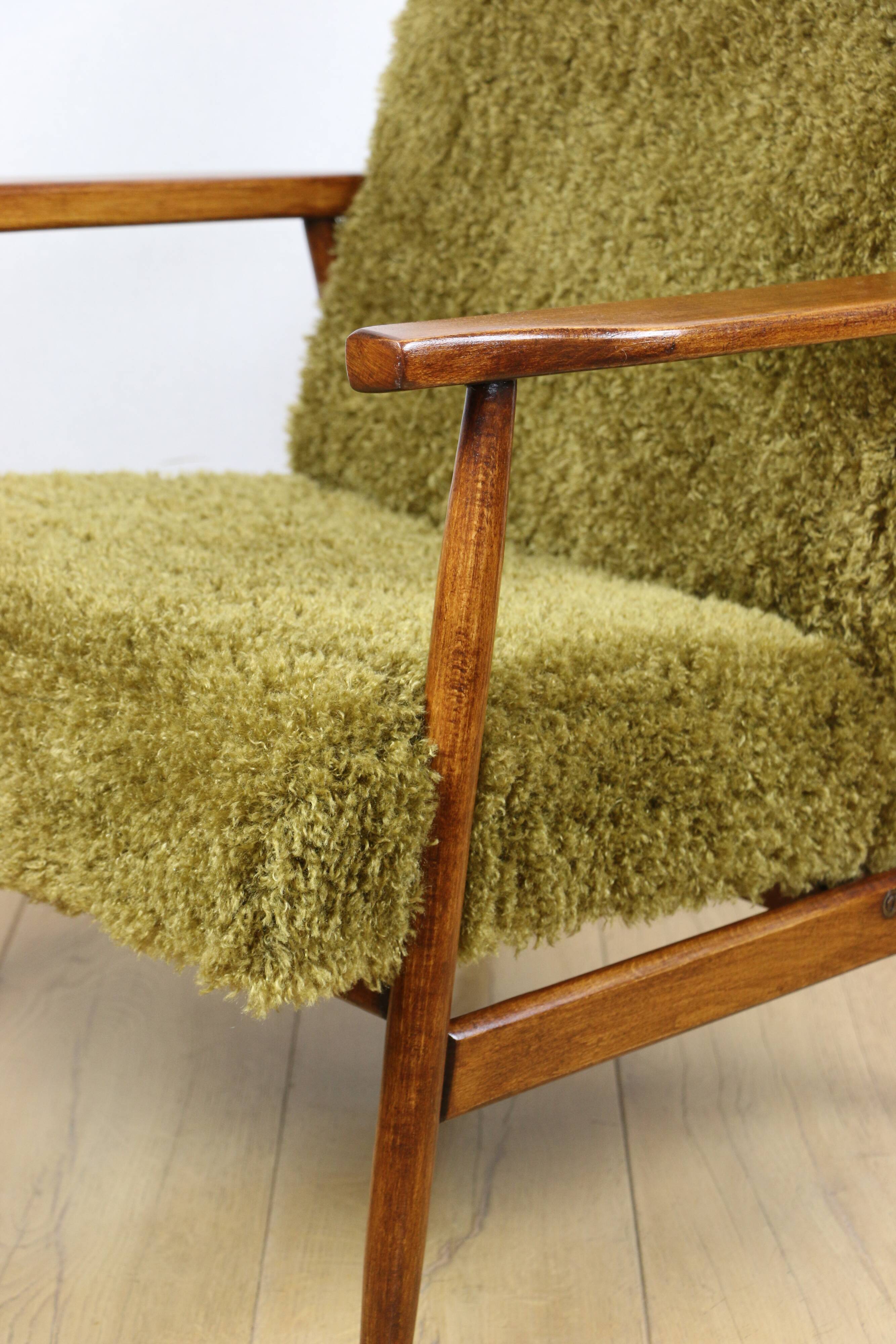 Vintage armchair, 1970s red fox - high pile khaki / olive - long pile