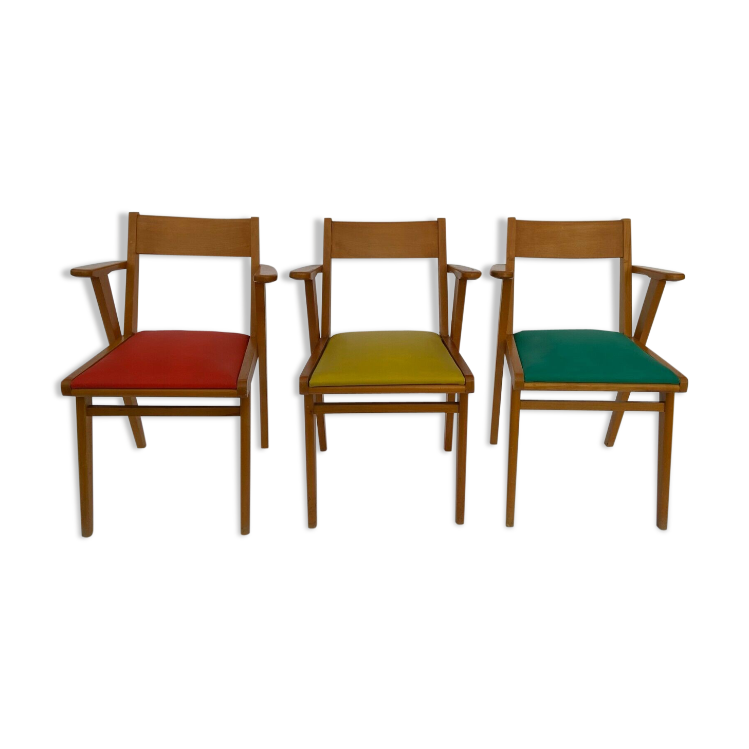 Set de 3 chaises design francais chene clair rouge jaune vert 1960