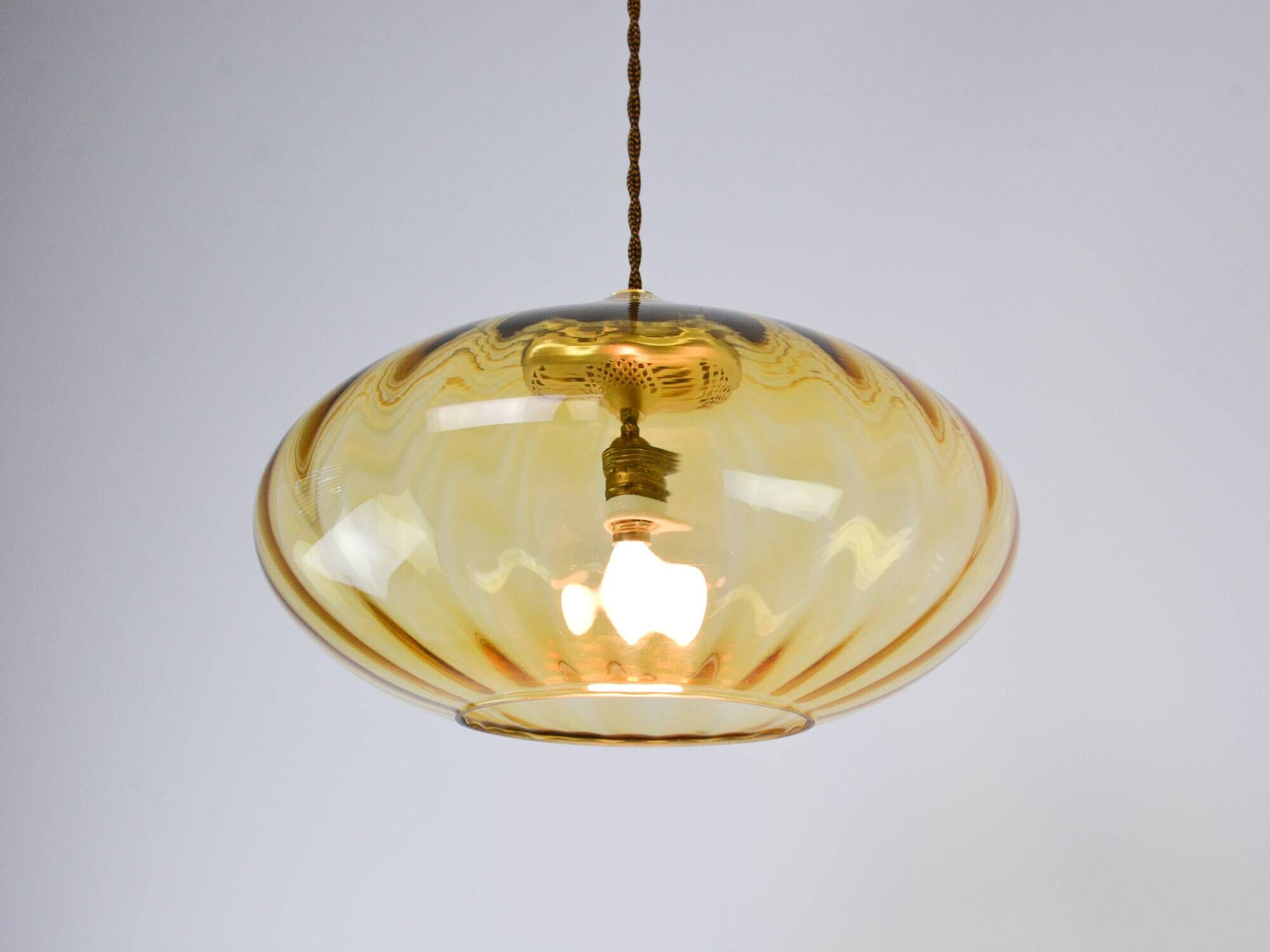 Mid-Century Brass and Light Gold/Yellow Pendant Lamp