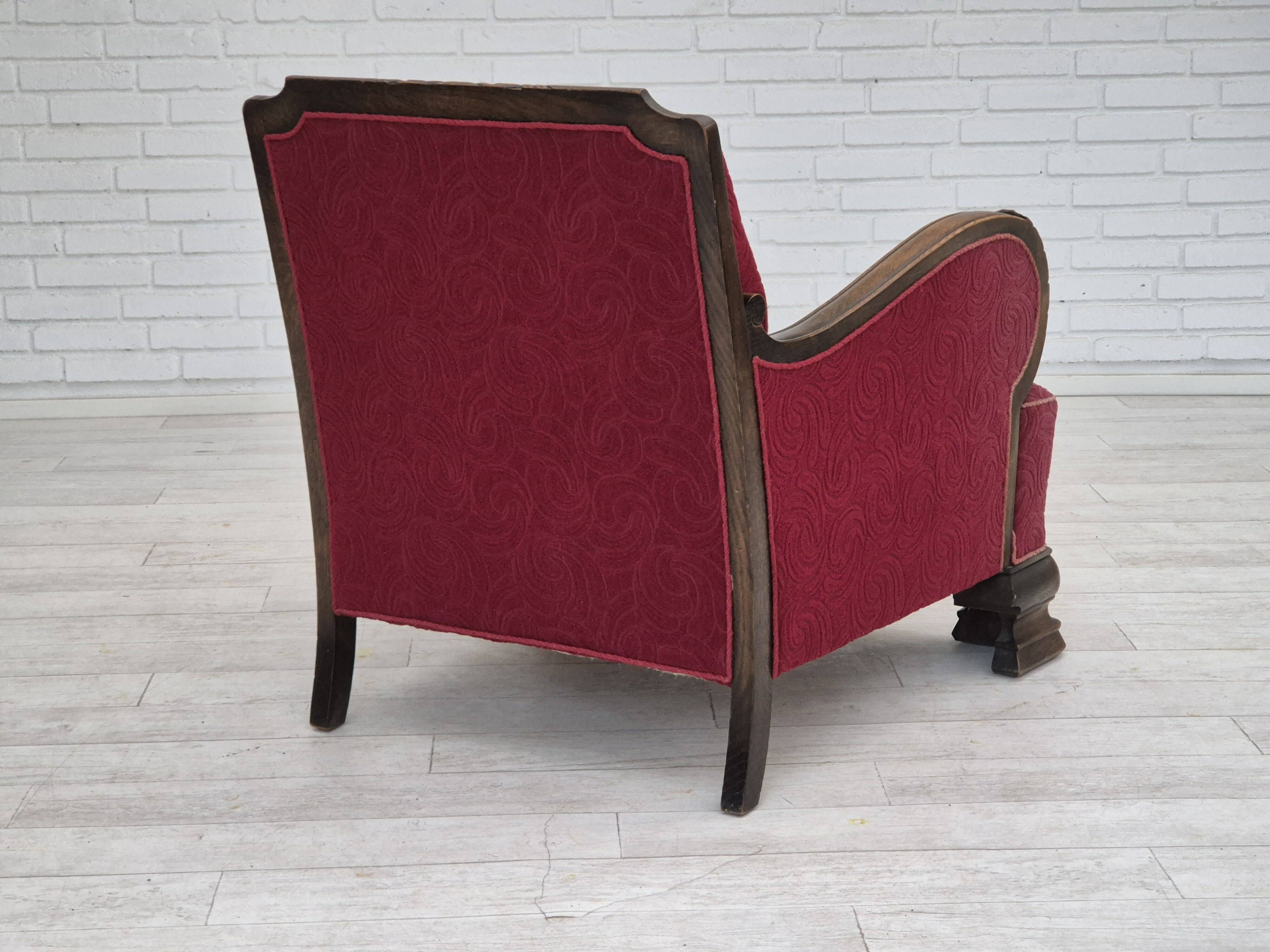 Fauteuil relax vintage danois des années 1950, tissu d'ameublement, bois de chêne, d'origine.