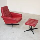 Red Faux Leather Swivel Chair and Footrest by Up Zavody 1970