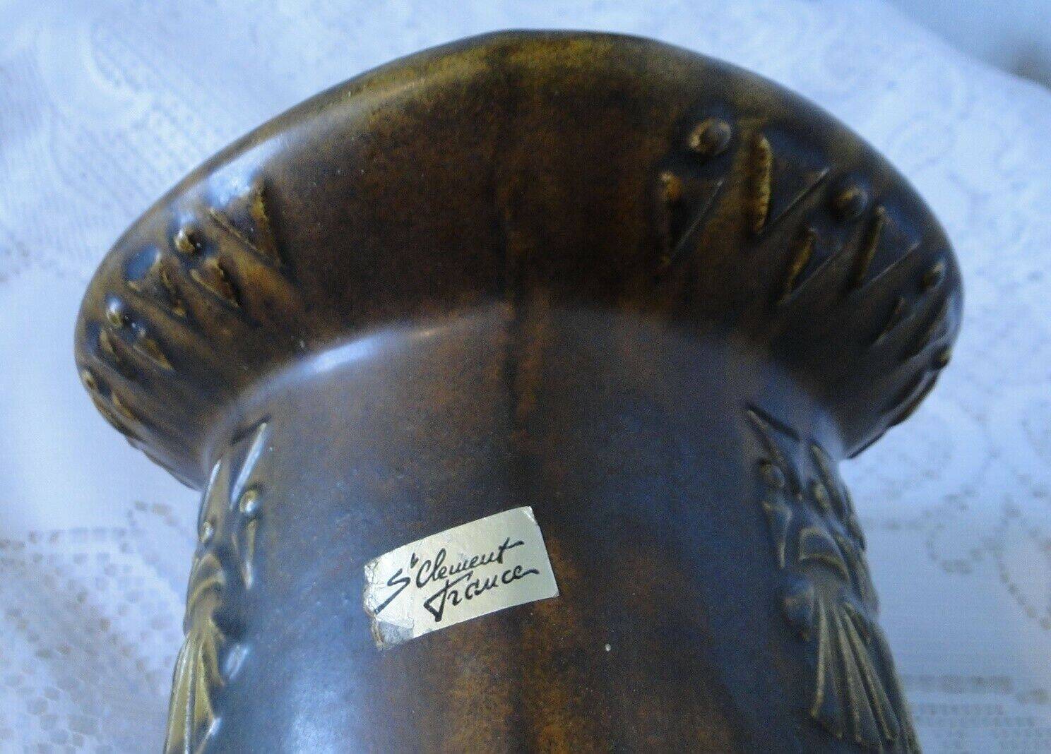 Old large vase st clement france ethnic relief decor n° 9128 60s rare