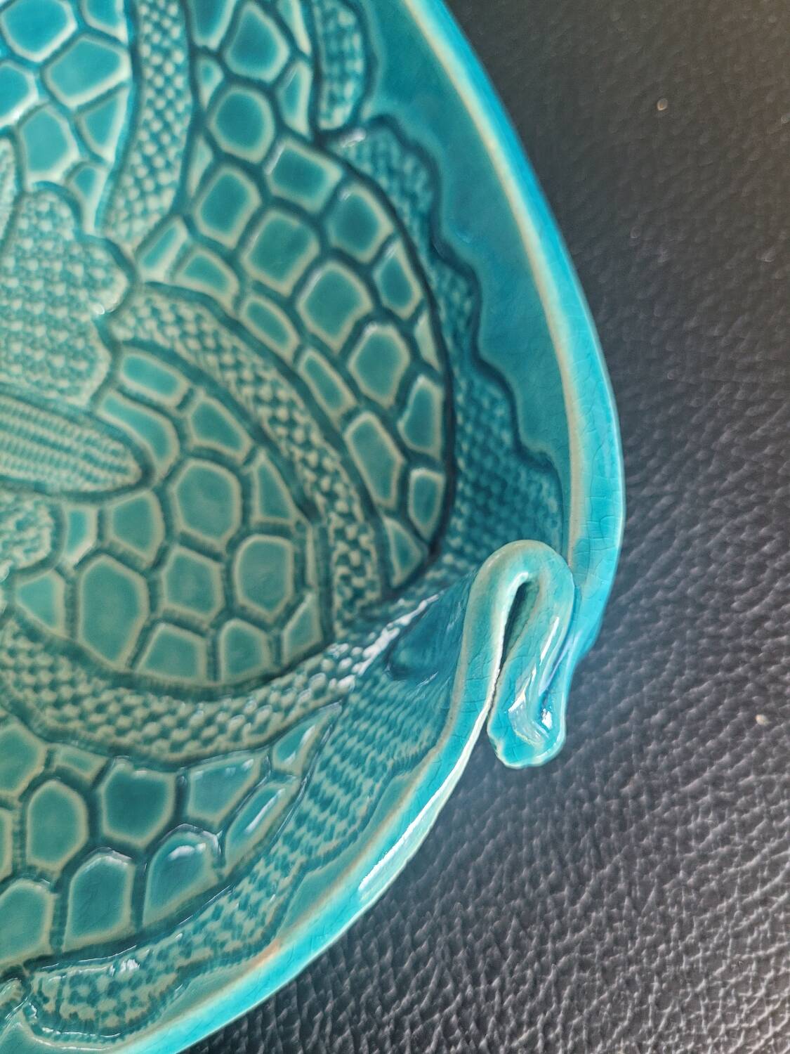 Signed turquoise enameled ceramic pocket tray