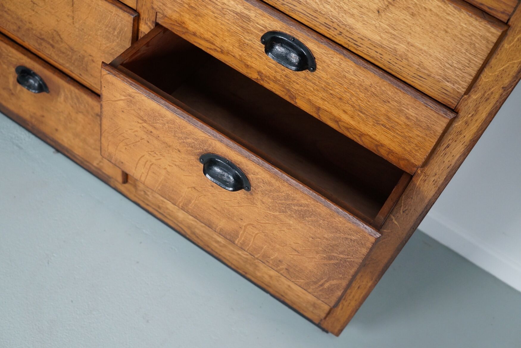 Belgian industrial oak apothecary cabinet, 1940s