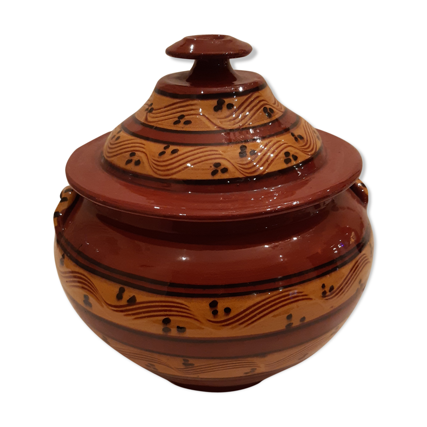 Old glazed terracotta lid jar, 25cm diameter, TBE