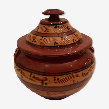 Ancien pot à couvercle en terre cuite vernissée, diamètre 25cm, TBE