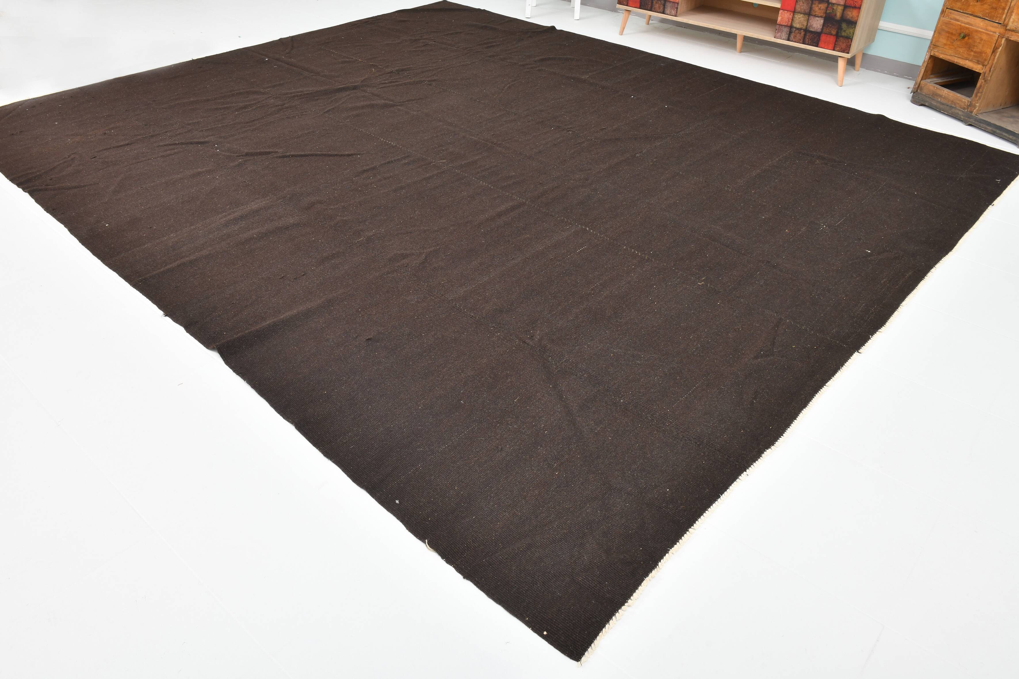 Turkish Dark Brown Modern Vintage Kilim Rug, 320x367Cm