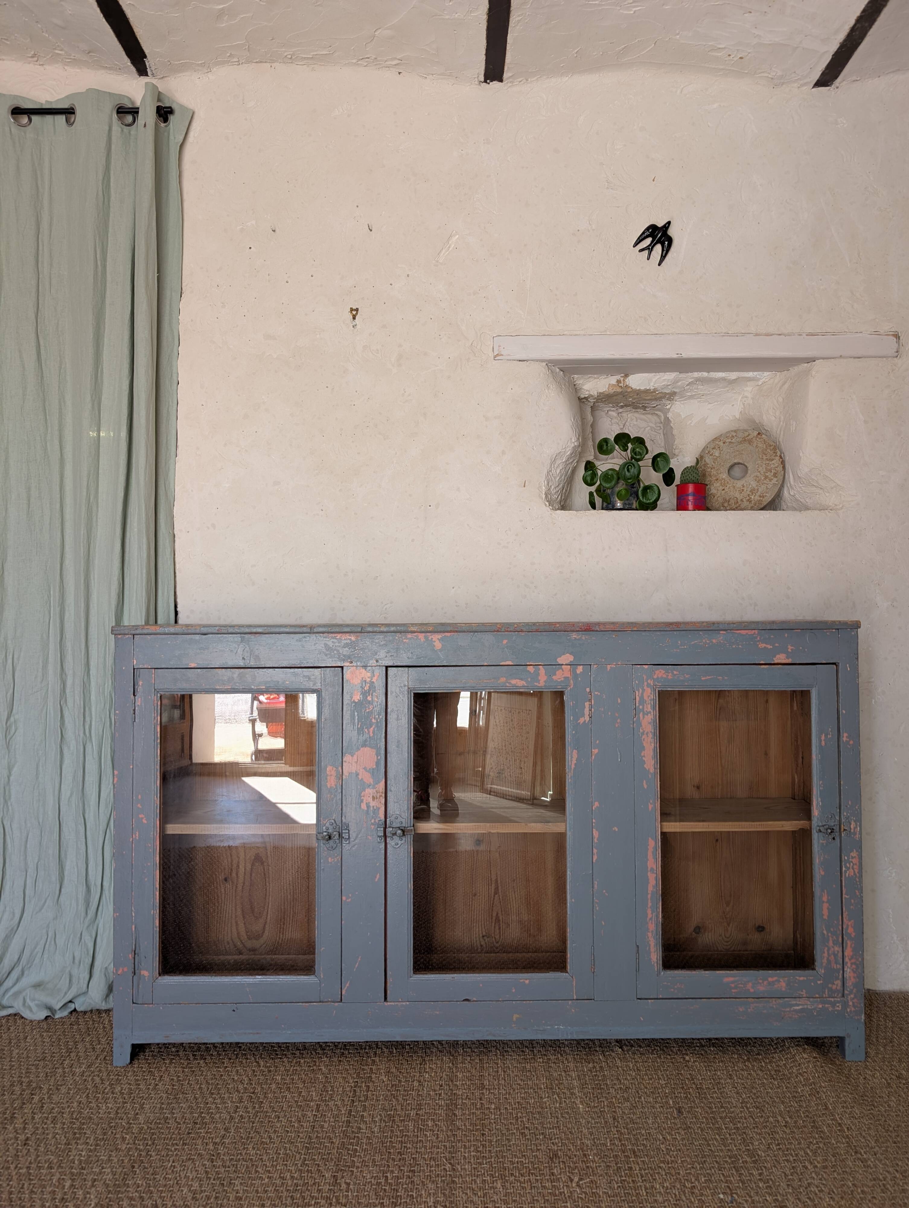 Glazed enfilade antique workbench – blue patina