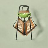 Vintage magazine rack in black metal, wood and rattan with ceramic ashtray