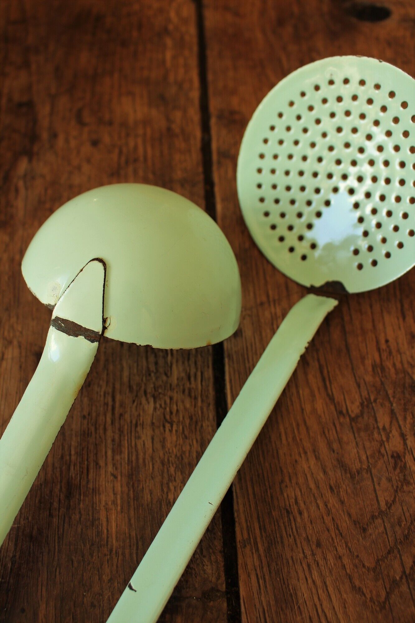 A skimmer and a ladle to hang Vintage mint enamelled sheet metal
