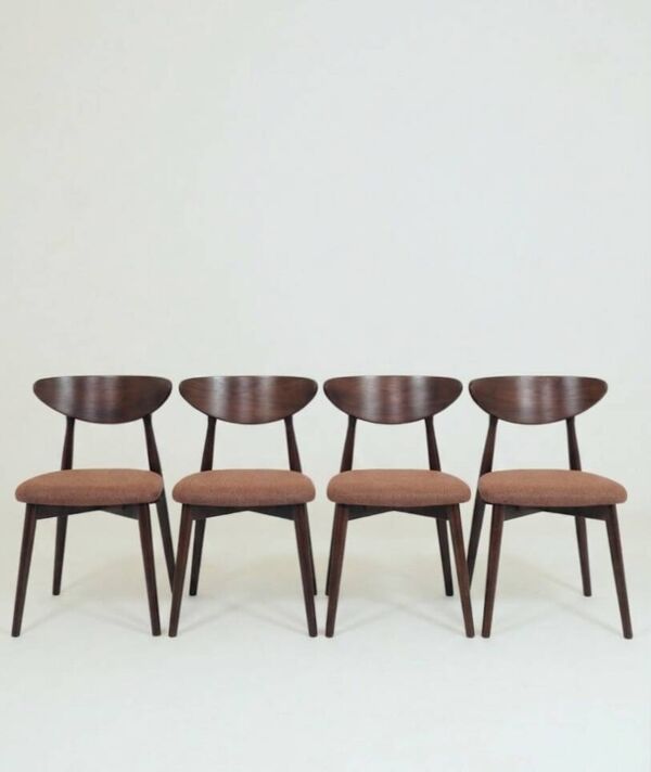 Ensemble de 4 chaises de salle à manger modernes en bois de hêtre, tissu terracotta en chevrons.