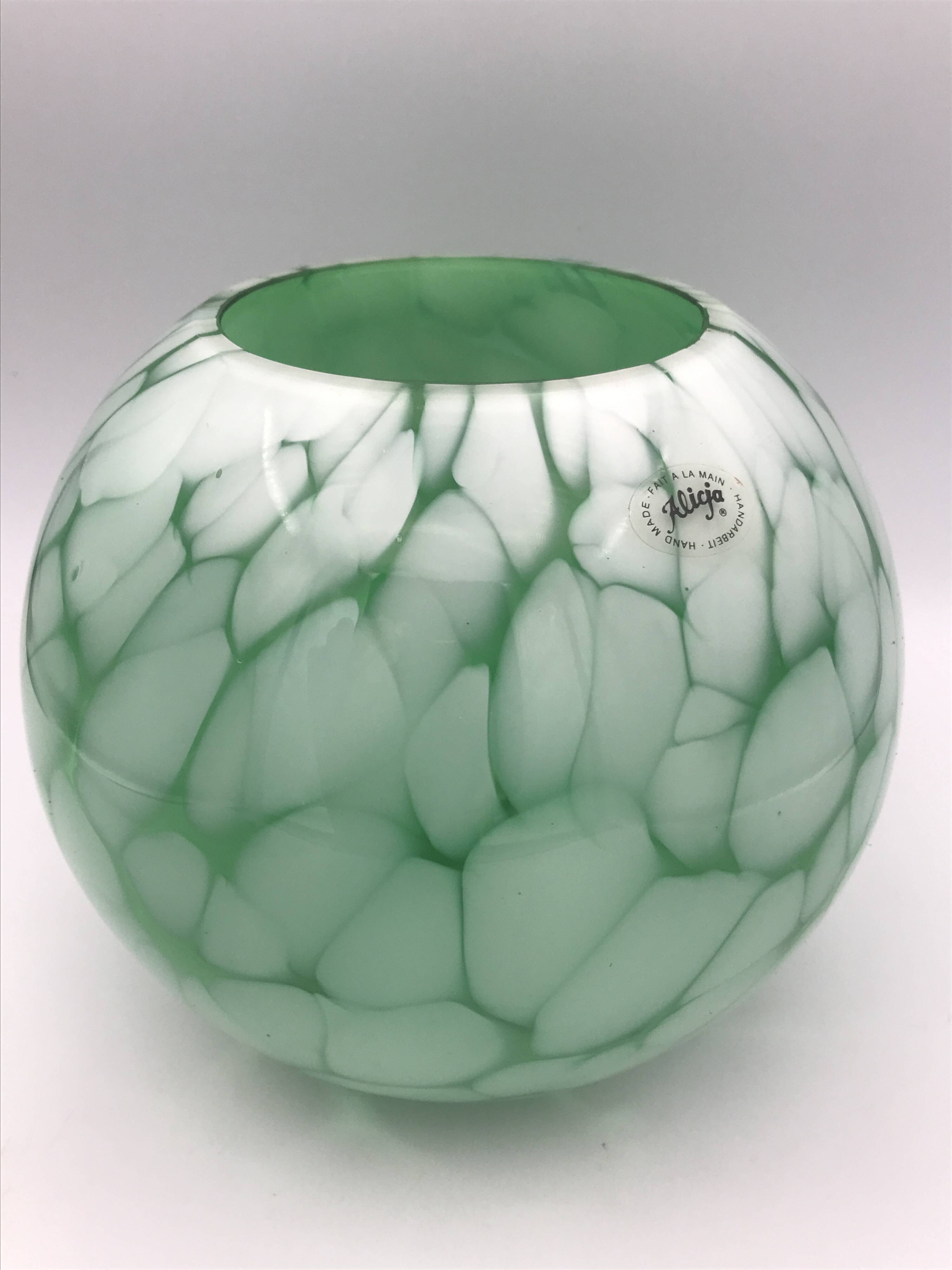 Vintage glass vase ball shape handmade alicja green and white