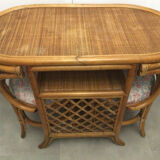 Table and 2 armchairs set in rattan and wicker, 70s/80s