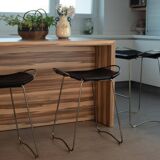 Contemporary Kitchen Counter Stool in Black Steel and Natural Tobacco Leather