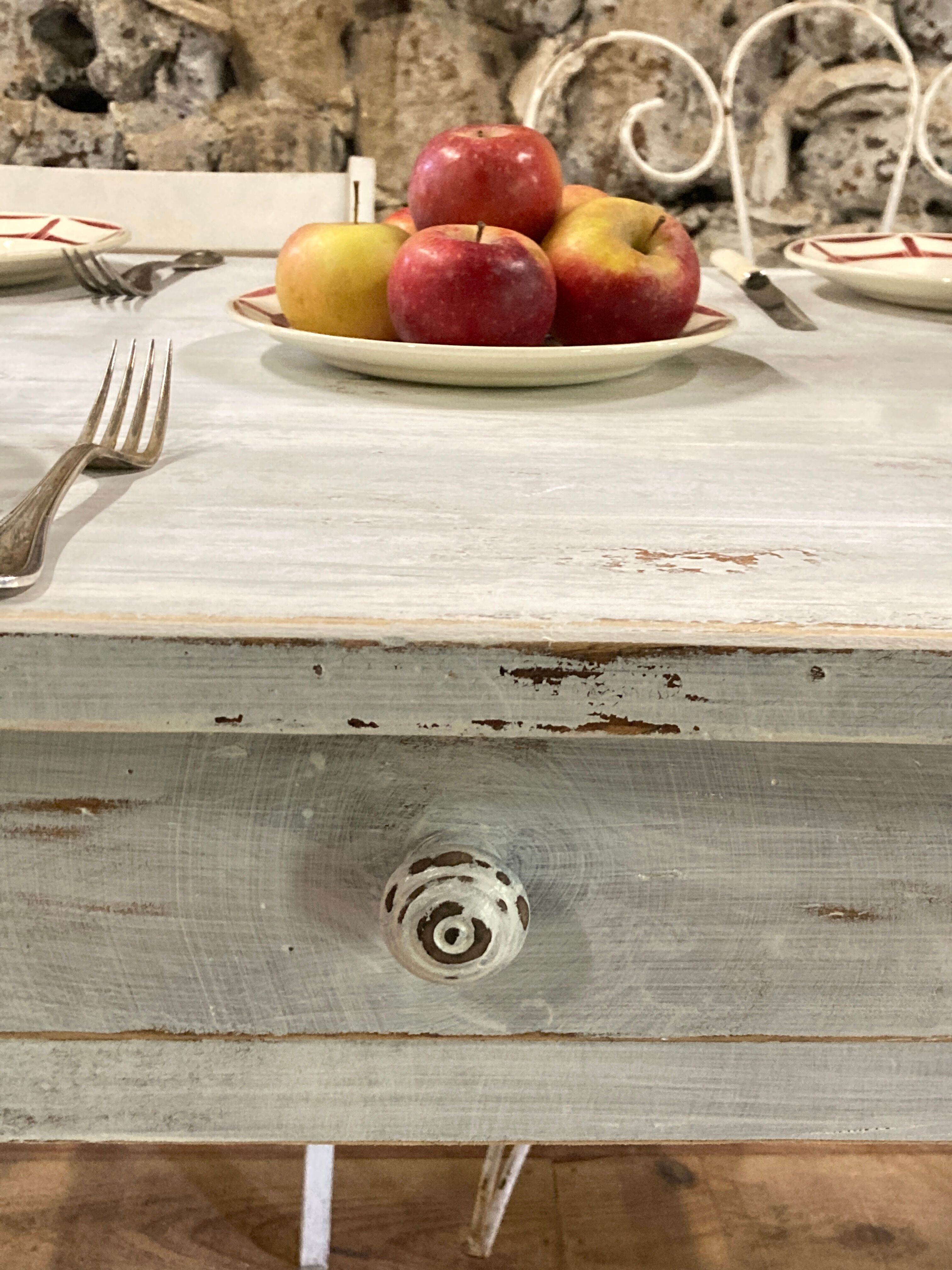Farmhouse table 6 people white patinated in rectangular solid oak