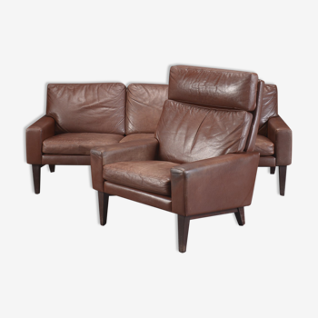Canapé et fauteuil danois en cuir brun trois places