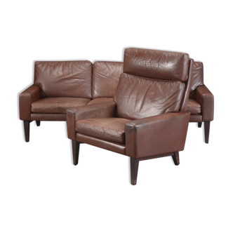 Danish three seater brown leather sofa and armchair