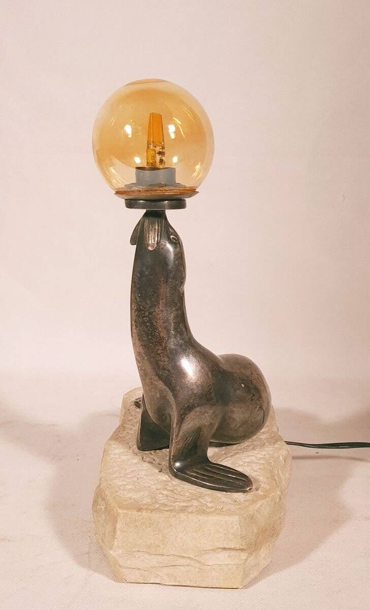 Art Deco "sea lion" lamp in silver-plated bronze